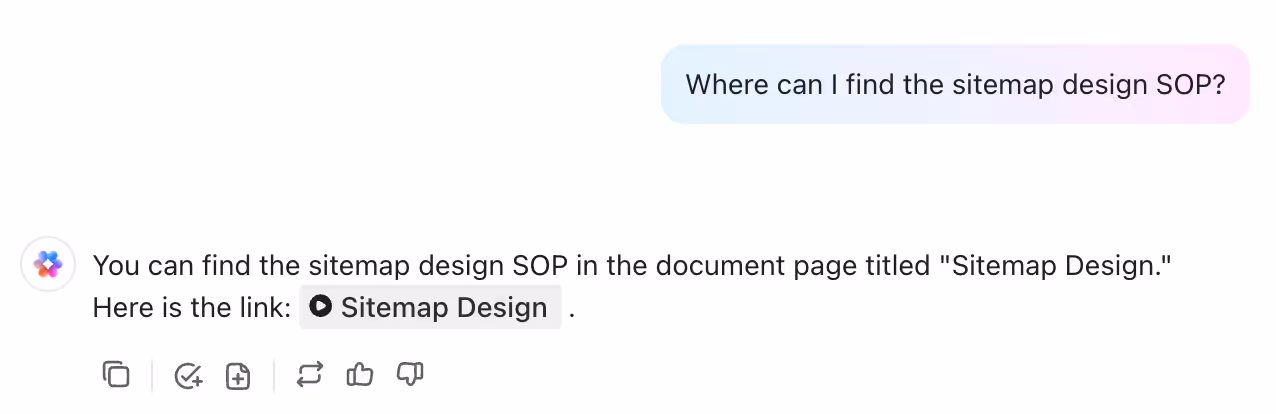 ClickUp Brain response showing results pulled from tasks, Docs, or comments