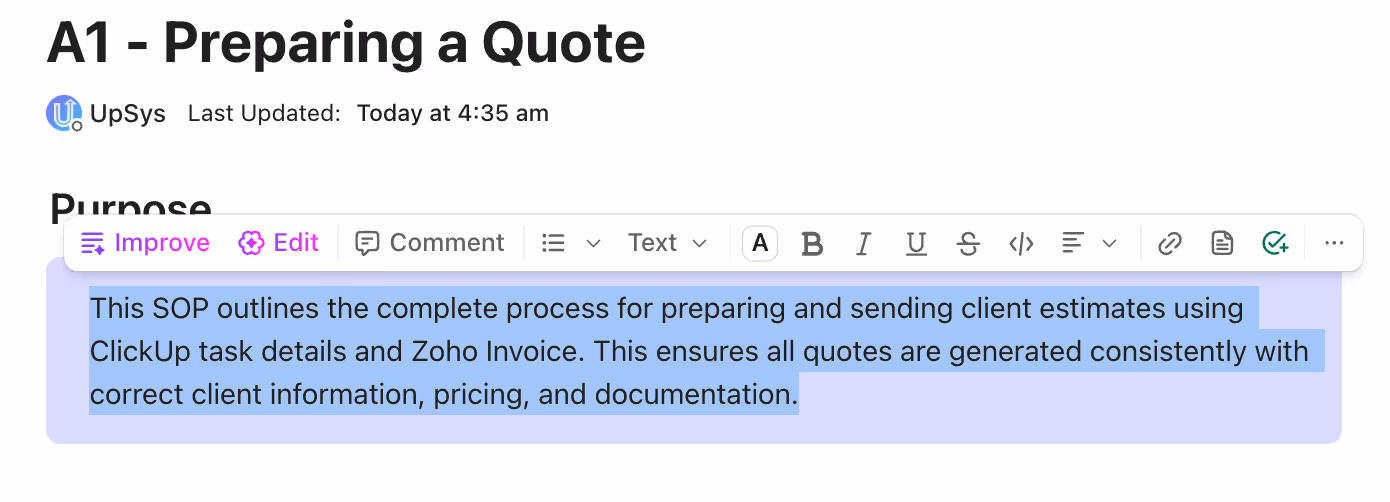 Highlight text to reveal the toolbar