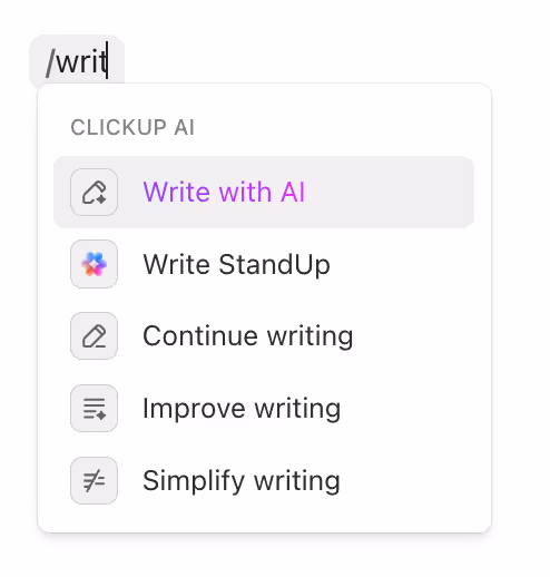 Use /write or /writing commands to launch the writing assistant instantly.