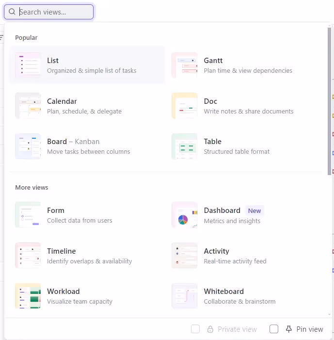 Different ClickUp views