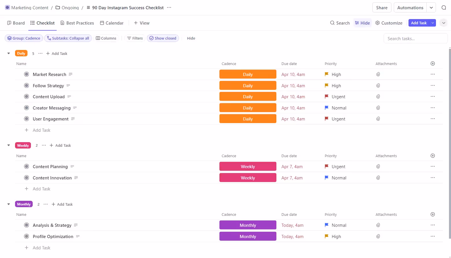 ClickUp List view with tasks sorted by candence and priority