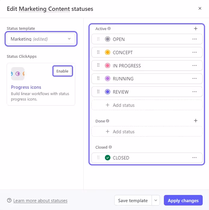 Setting up status workflow and enable Progress icons ClickApp