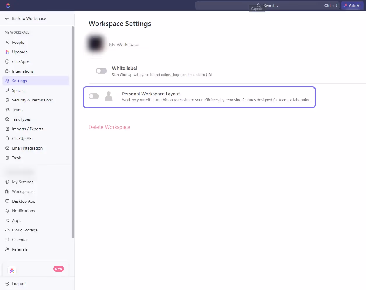Switch Personal Workspace Layout on