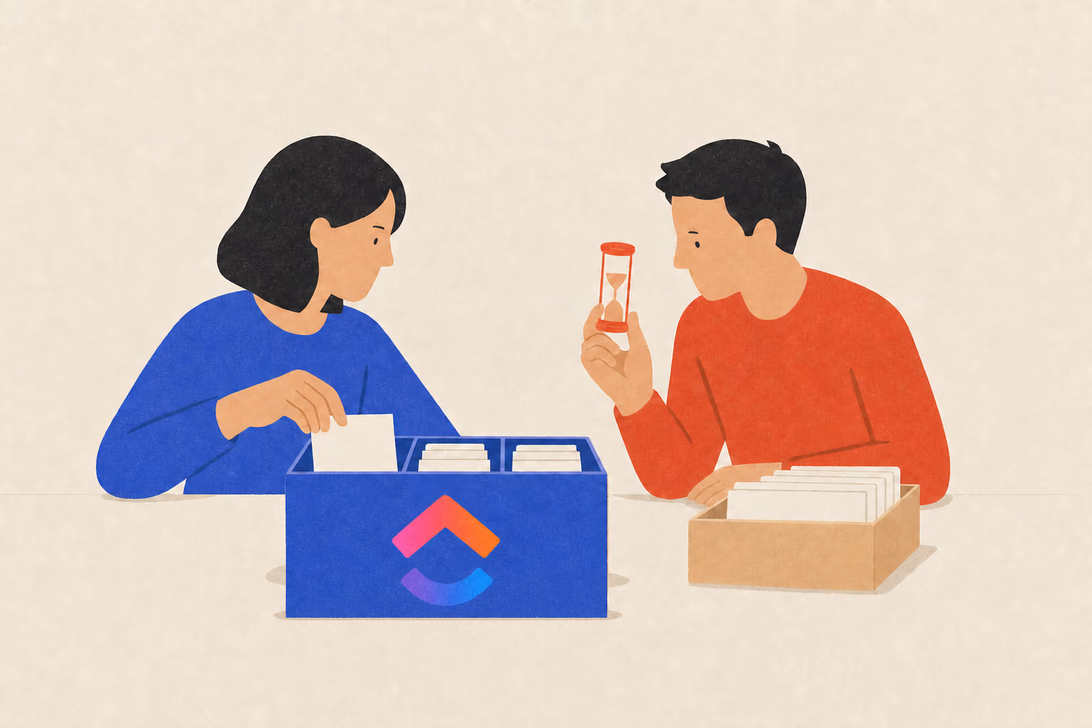 Two teammates sort blank task cards from a backlog box into a sprint box as one holds a timer