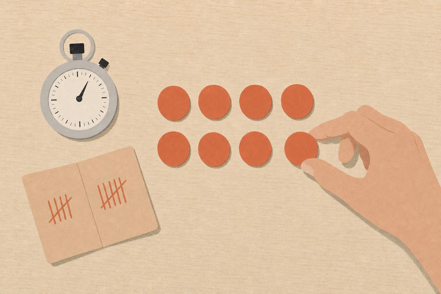 Eight tokens laid in two rows beside a stopwatch and a folded tally card