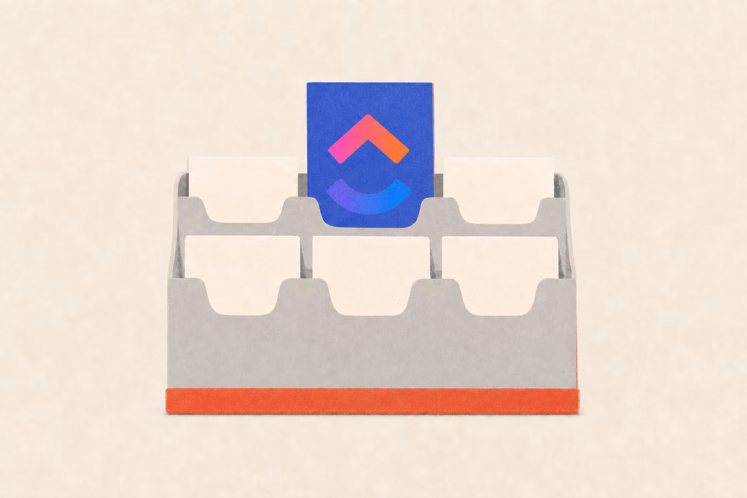 A six-pocket letter rack, five cream cards and one taller indigo card