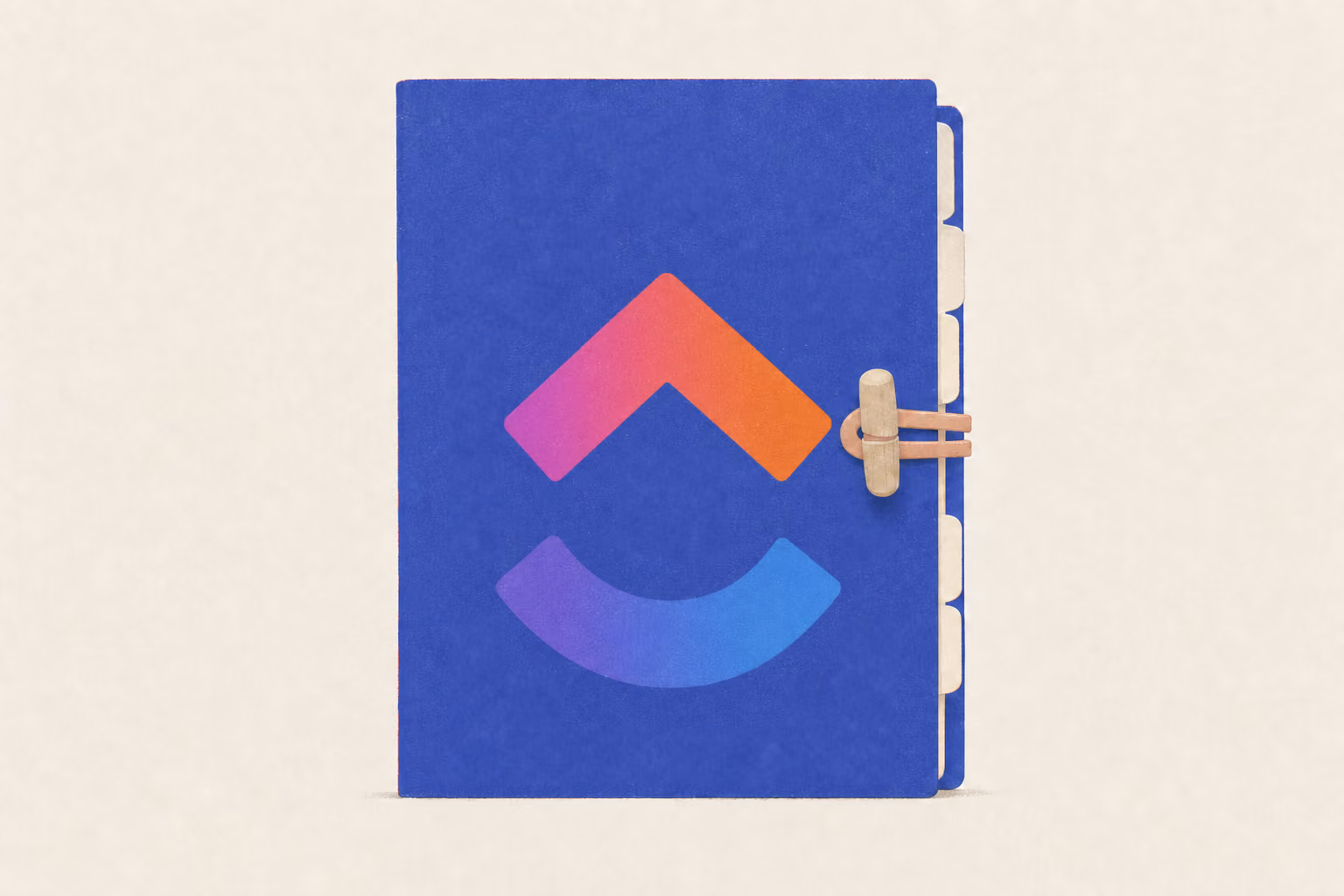 A personal archive binder stands closed with a toggle, elastic strap, and tabbed pages peeking out