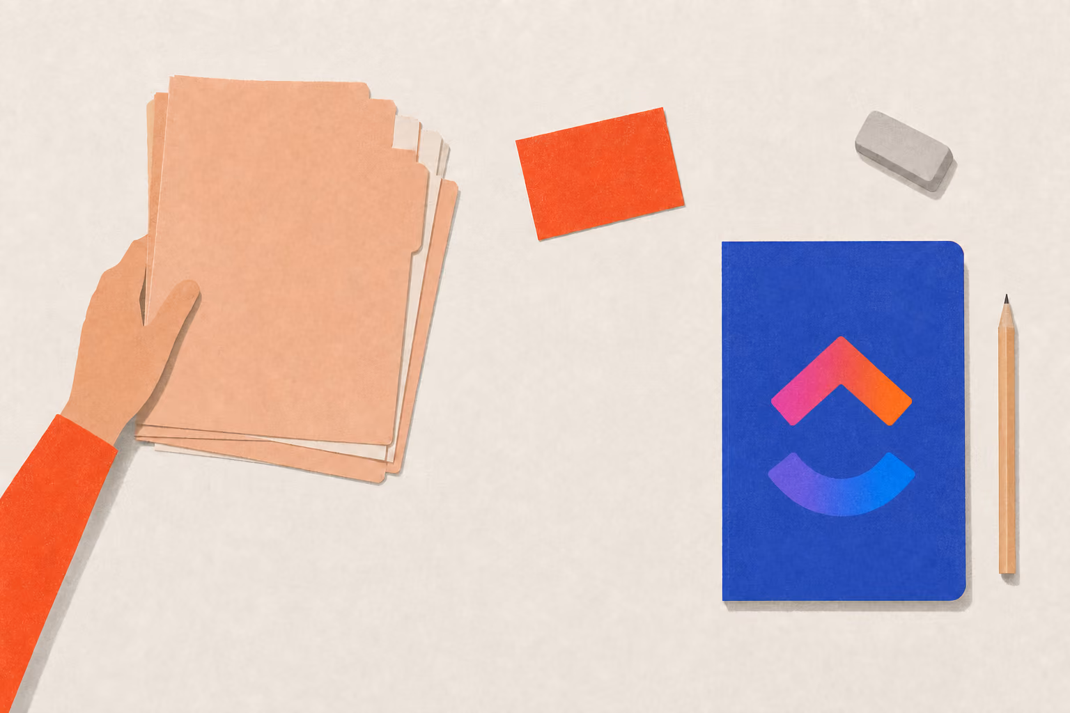 A hand pushes a crooked folder stack into a tidy corner beside a card, eraser, and notebook