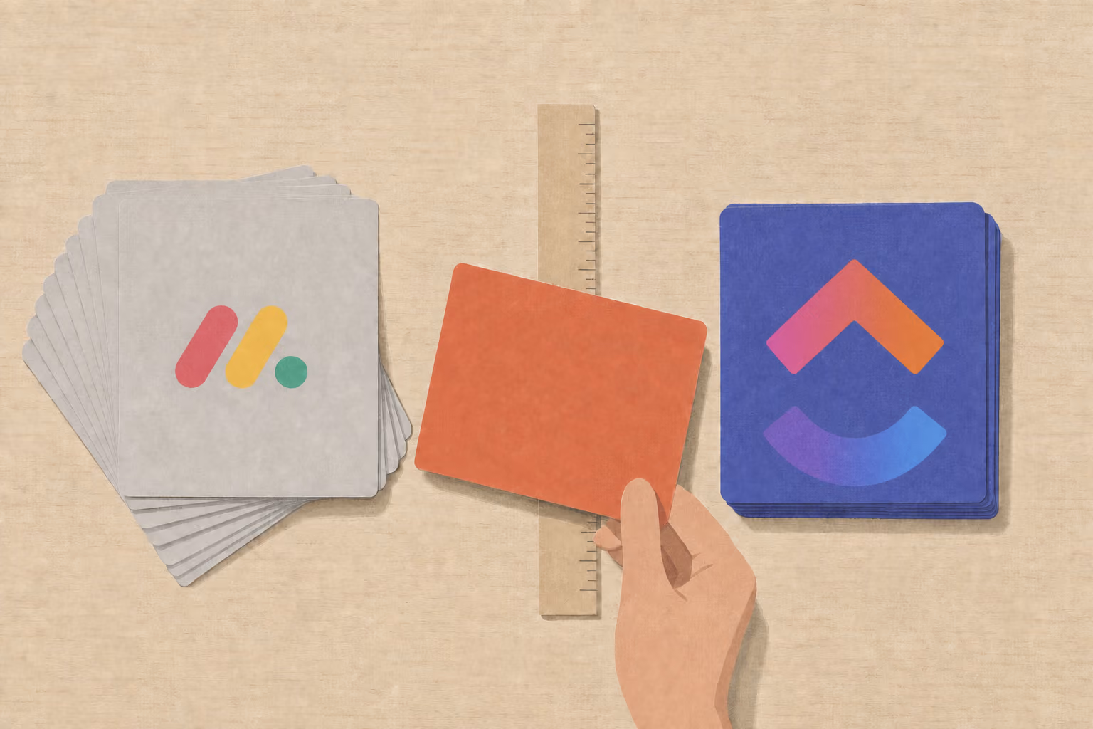 A hand carries one card from a fanned set of grey cards to a squared stack of indigo ones