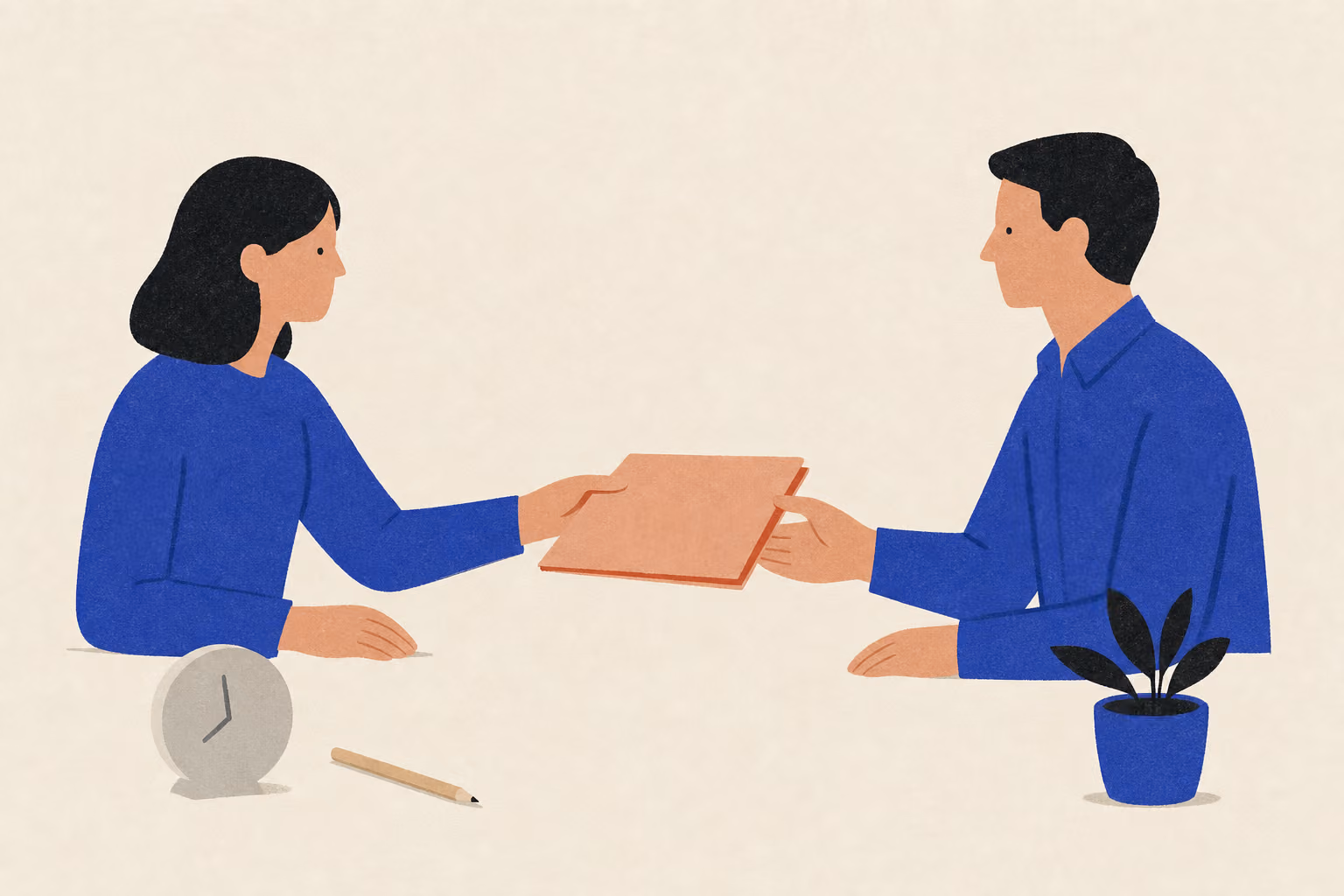 Two people pass a finished project folder between them beside a clock, pencil, and plant pot