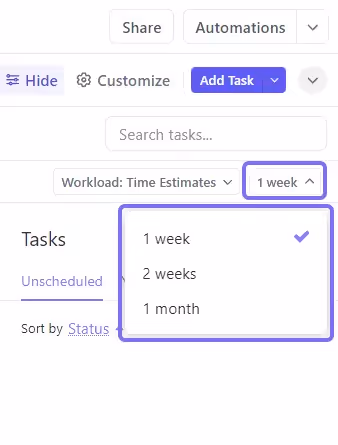 Set time scope in ClickUp's Workload View