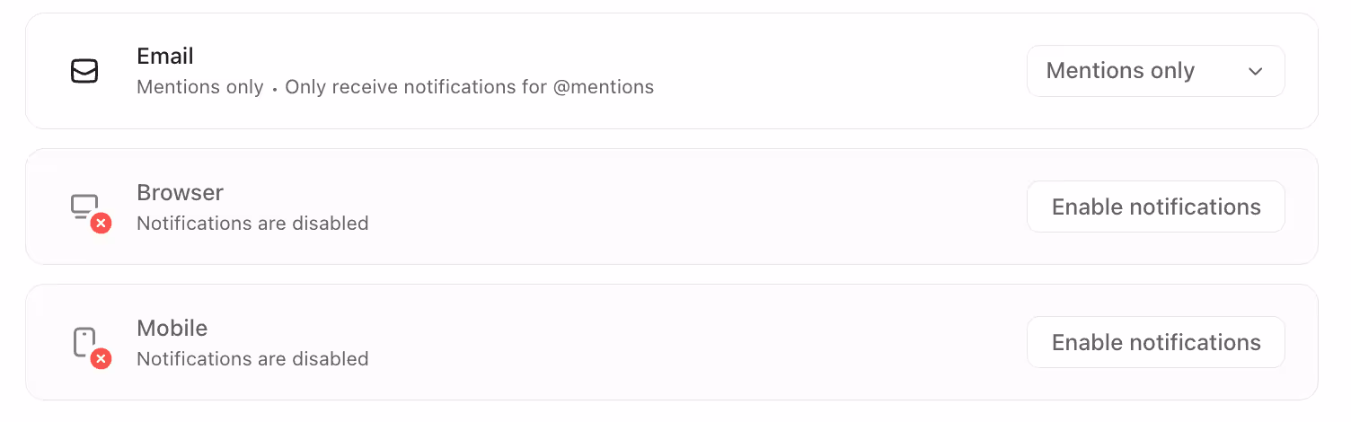 Notification setting for different channels Notification setting for different channels
