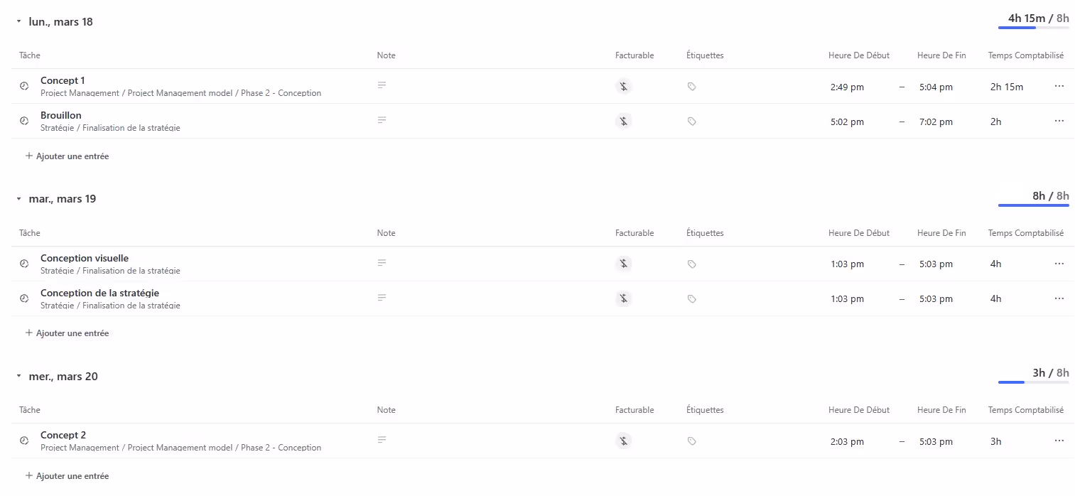 Interface des relevés de temps ClickUp